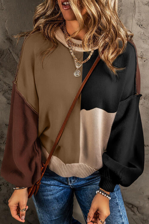 Color Block Exposed Seam Long Sleeve Sweater - Teresa's Fashionista LLC