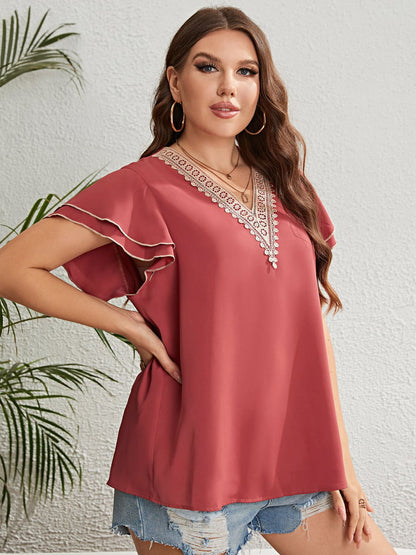 Plus Size Contrast V-Neck Layered Flutter Sleeve Blouse-Teresa&#39;s Fashionista LLC