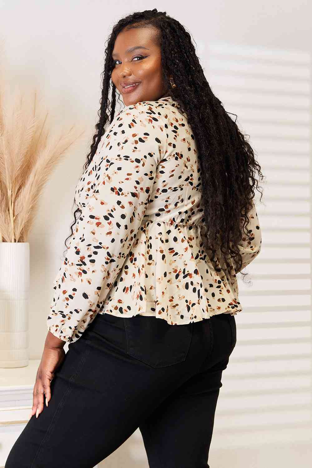 Double Take Printed Tied Plunge Peplum Blouse-Teresa&#39;s Fashionista LLC