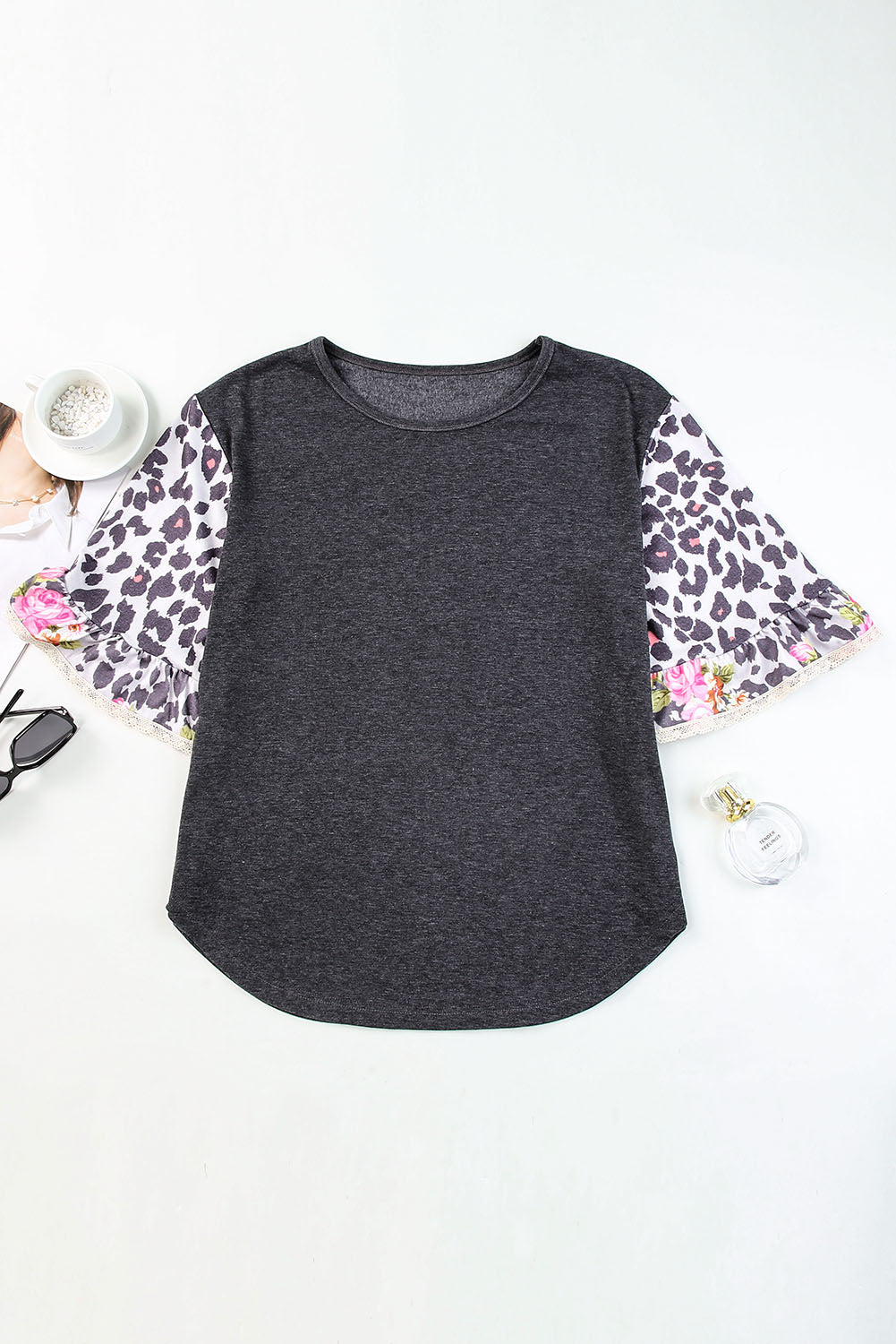 Leopard Flounce Sleeve Round Neck Top-Teresa&#39;s Fashionista LLC