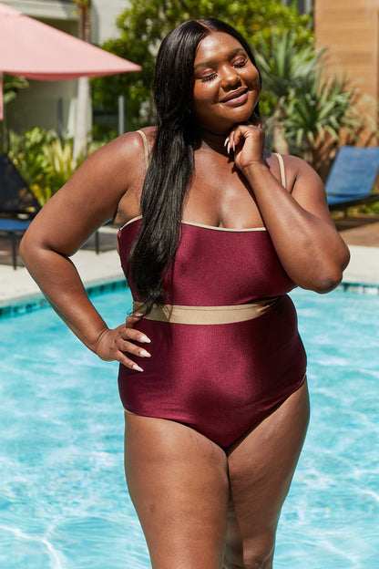 Marina West Swim Wave Break Contrast Trim One-Piece in Wine-Teresa&#39;s Fashionista LLC