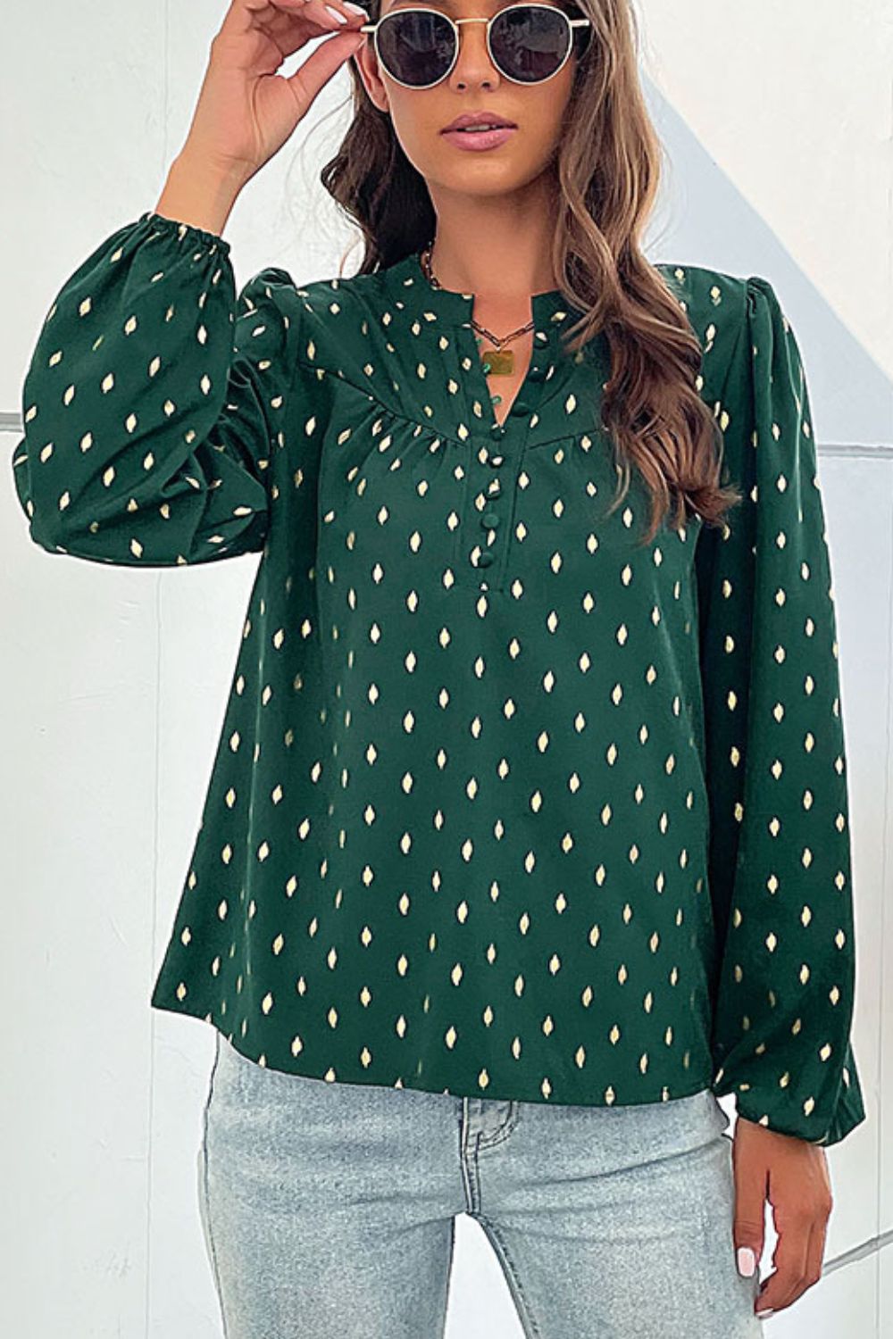 Printed Buttoned Puff Sleeve Blouse-Teresa&#39;s Fashionista LLC