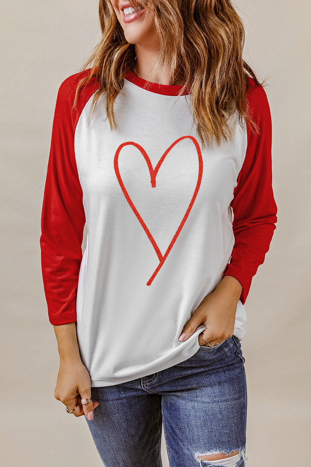 Contrast Baseball Sleeve Heart Graphic Top-Teresa&#39;s Fashionista LLC