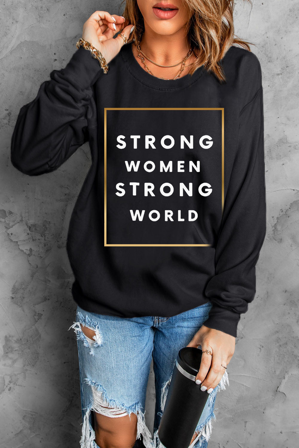 STRONG WOMEN STRONG WORLD Graphic Drop Shoulder Sweatshirt-Teresa&#39;s Fashionista LLC