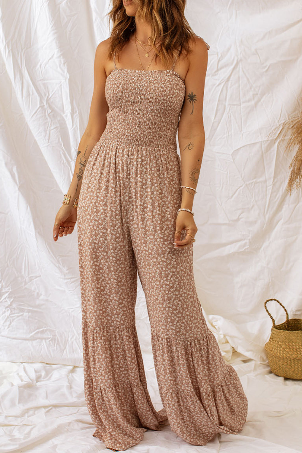 Floral Spaghetti Strap Smocked Wide Leg Jumpsuit-Teresa&#39;s Fashionista LLC