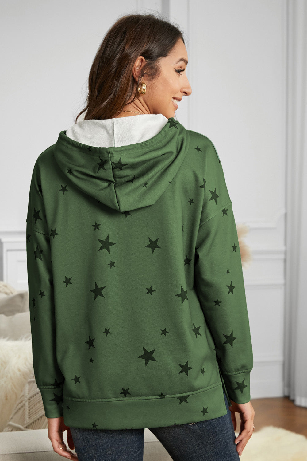 Star Print Drawstring Detail Hoodie-Teresa&#39;s Fashionista LLC