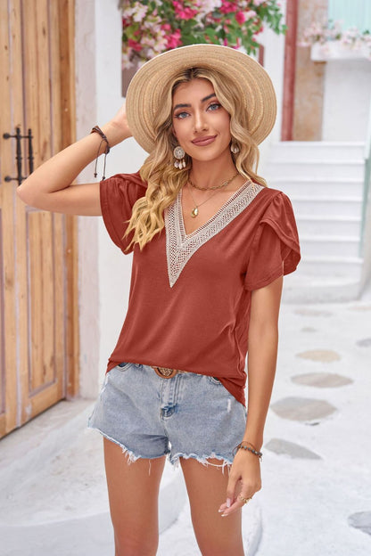 Contrast V-Neck Petal Sleeve Top-Teresa&#39;s Fashionista LLC