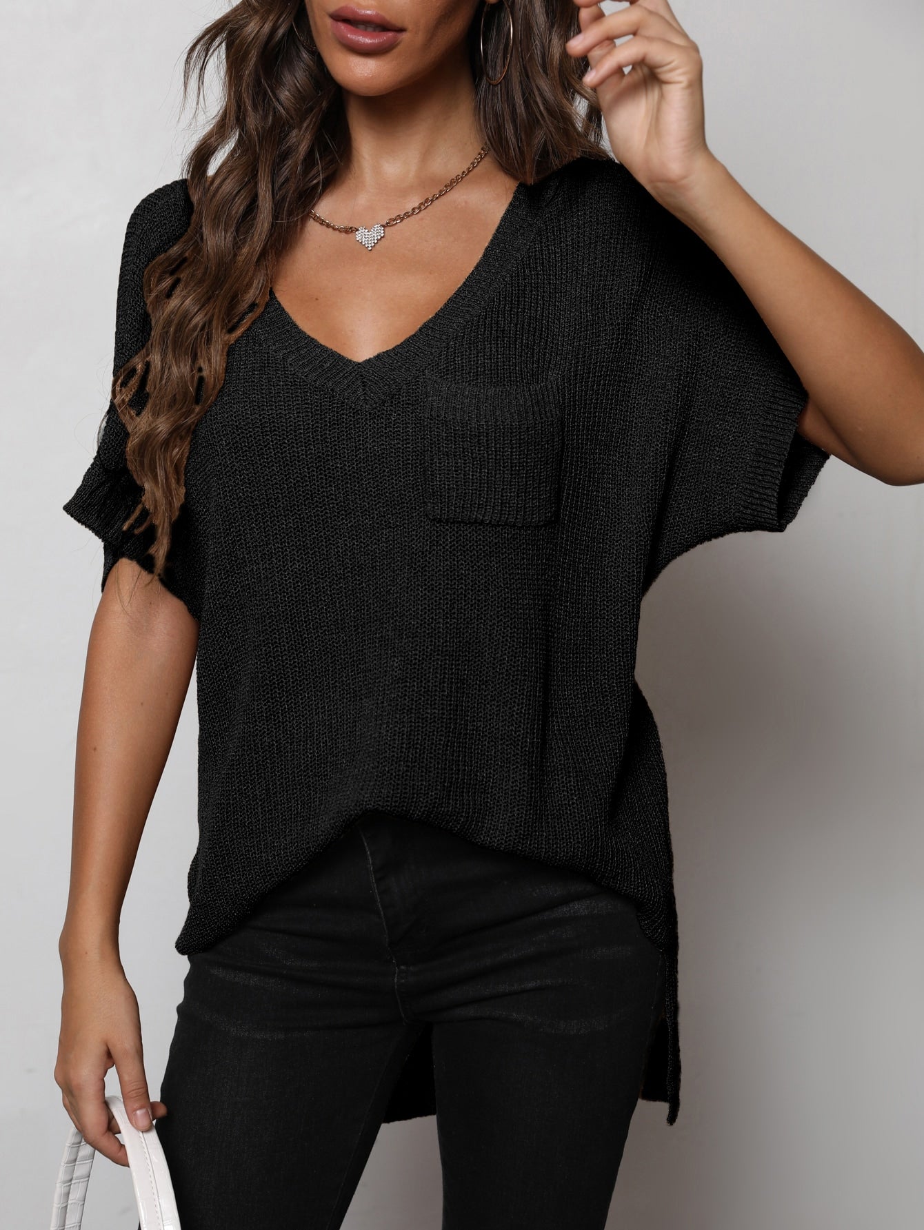 V-Neck Slit High-Low Knit Top-Teresa&#39;s Fashionista LLC