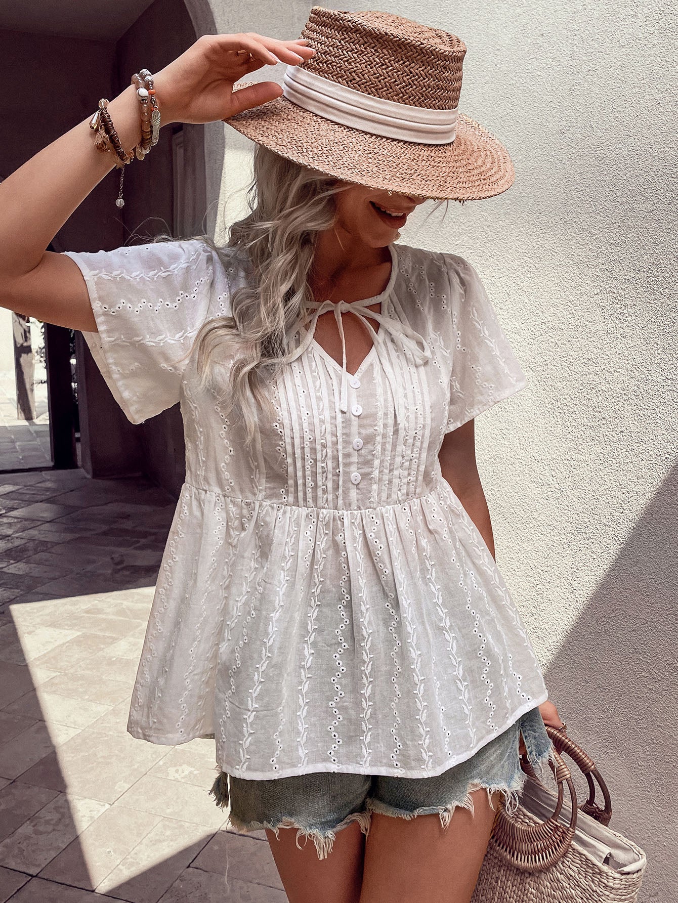 Tied Decorative Buttons Short Puff Sleeve Blouse-Teresa&#39;s Fashionista LLC