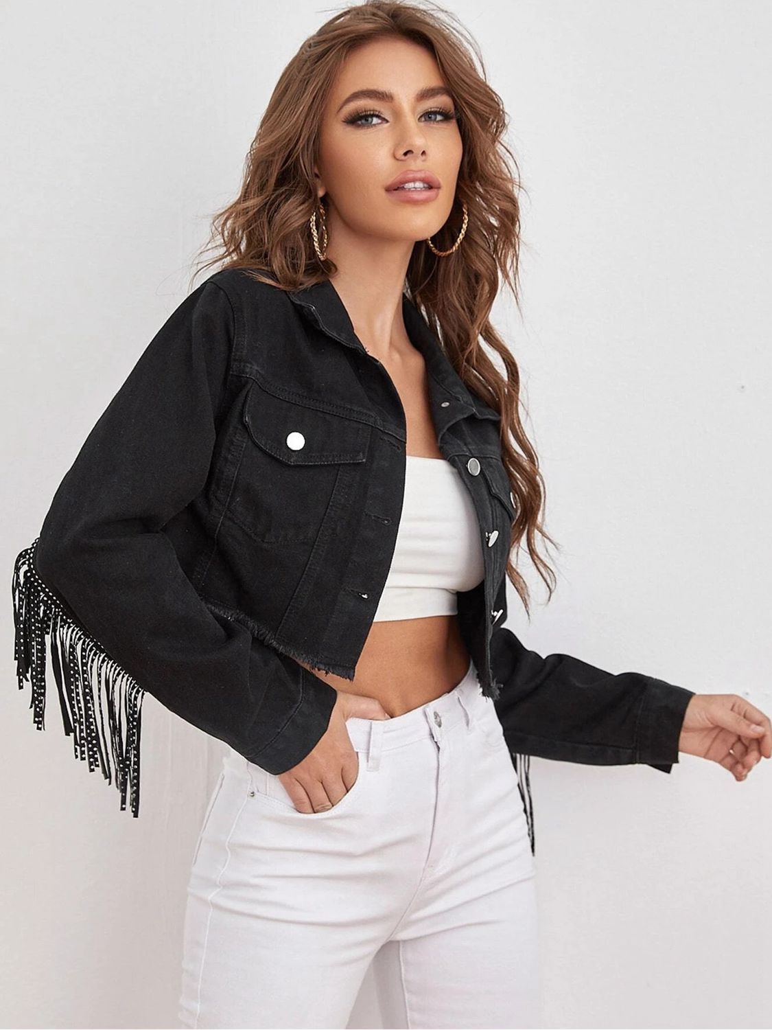 Fringe Detail Collared Neck Cropped Denim Jacket-Teresa&#39;s Fashionista LLC