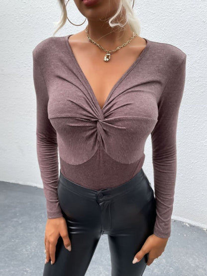 Twist Front V-Neck Long Sleeve Bodysuit-Teresa&#39;s Fashionista LLC