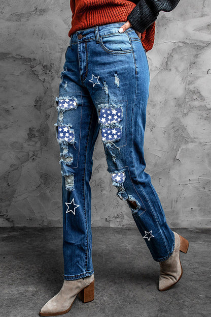 Printed Patch Distressed Boyfriend Jeans-Teresa&#39;s Fashionista LLC