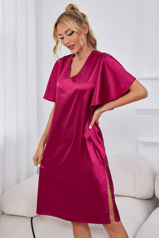 Satin Flutter Sleeve Side Slit V-Neck Night Dress - Teresa's Fashionista LLC