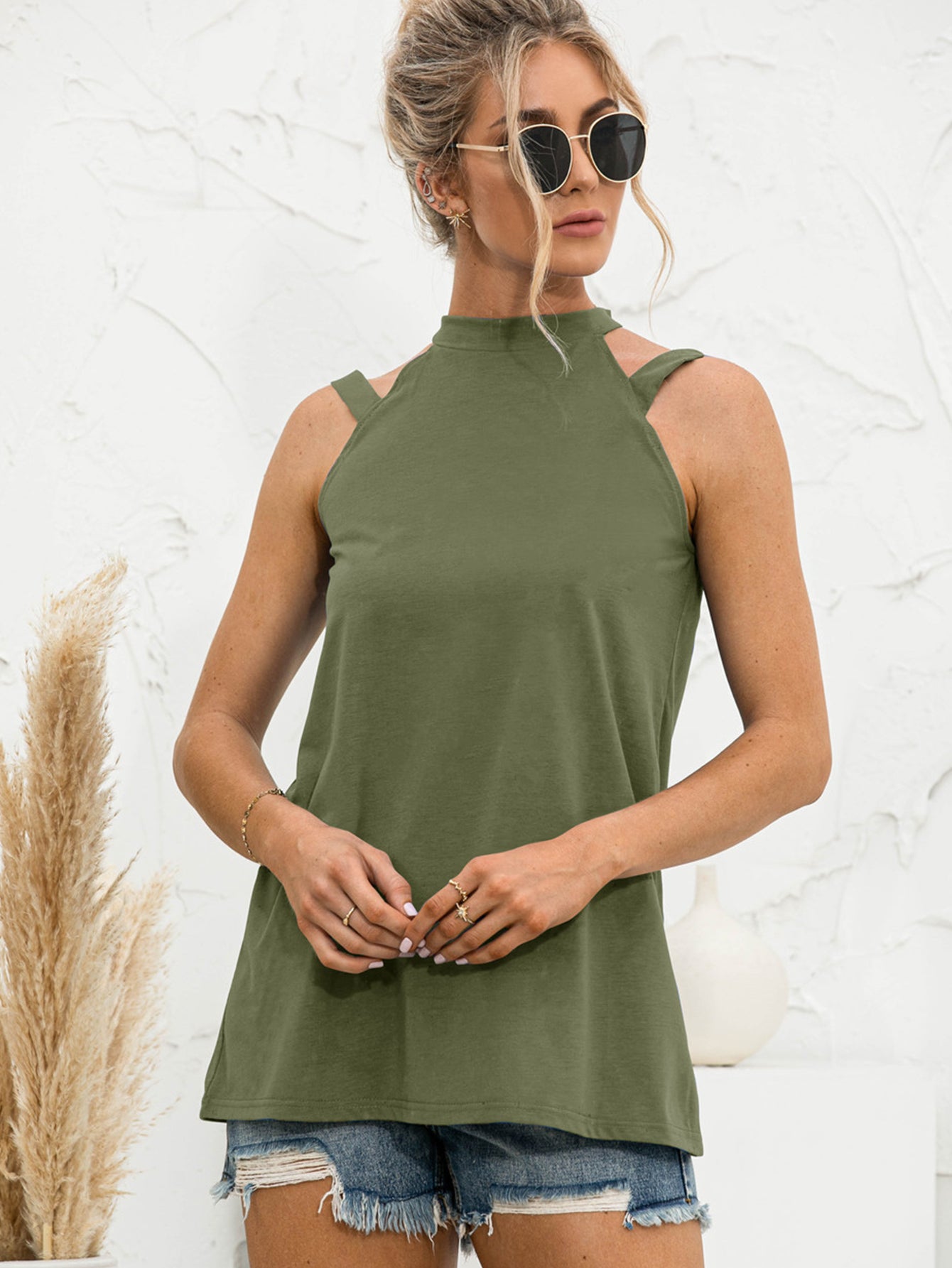 Cutout Mock Neck Tank-Teresa&#39;s Fashionista LLC