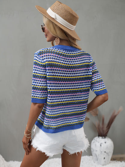 Striped Openwork Half Sleeve Knit Top-Teresa&#39;s Fashionista LLC