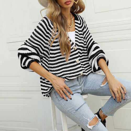 Striped Button Down Long Sleeve Cardigan-Teresa&#39;s Fashionista LLC