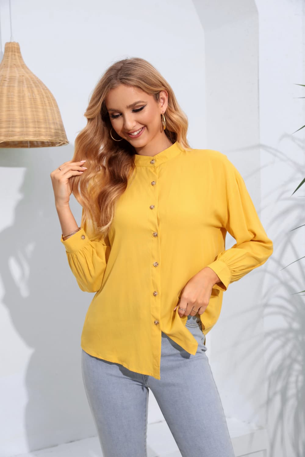 Mock Neck Buttoned Long Sleeve Shirt-Teresa&#39;s Fashionista LLC