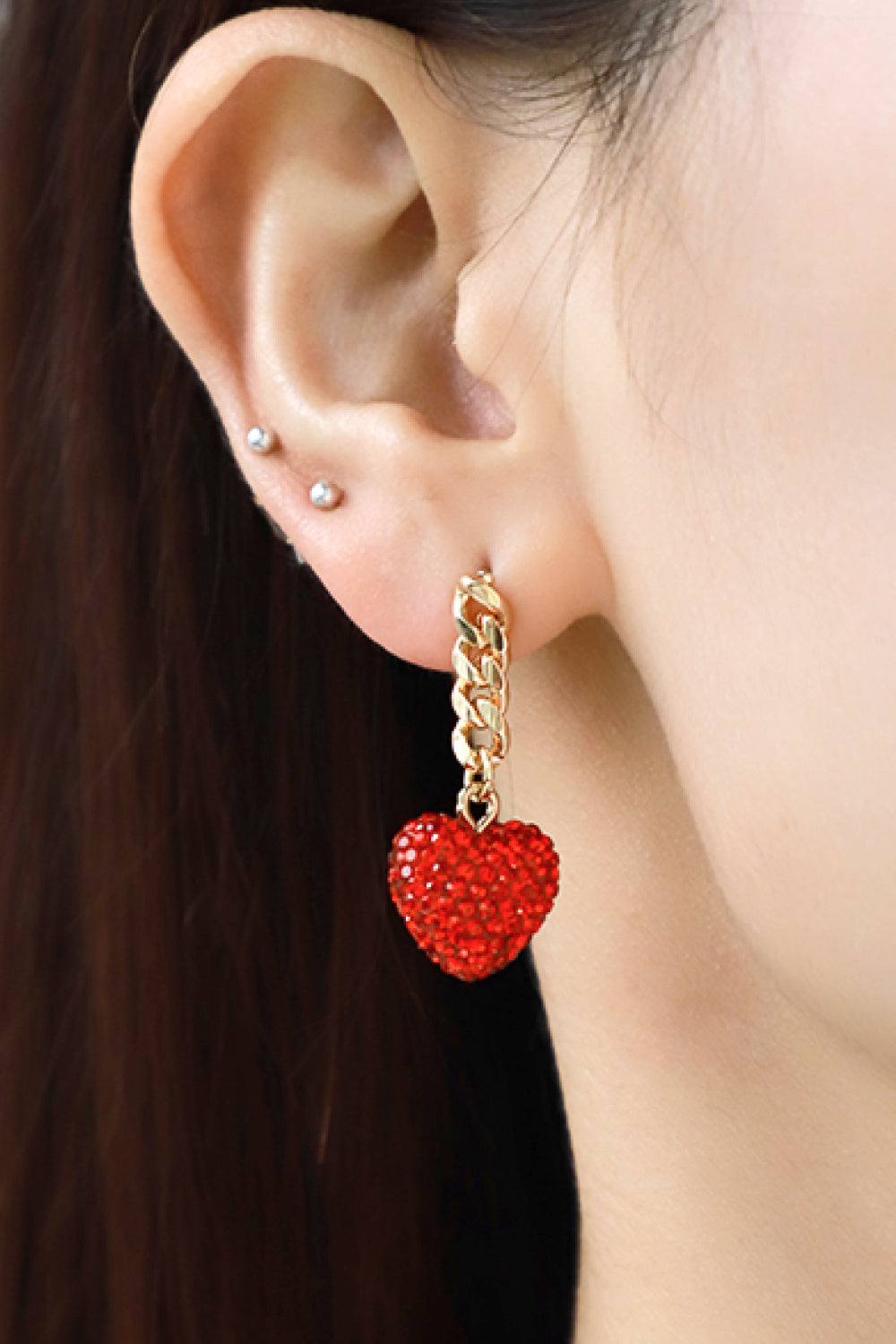 Rhinestone Heart Chain Drop Earrings-Teresa&#39;s Fashionista LLC