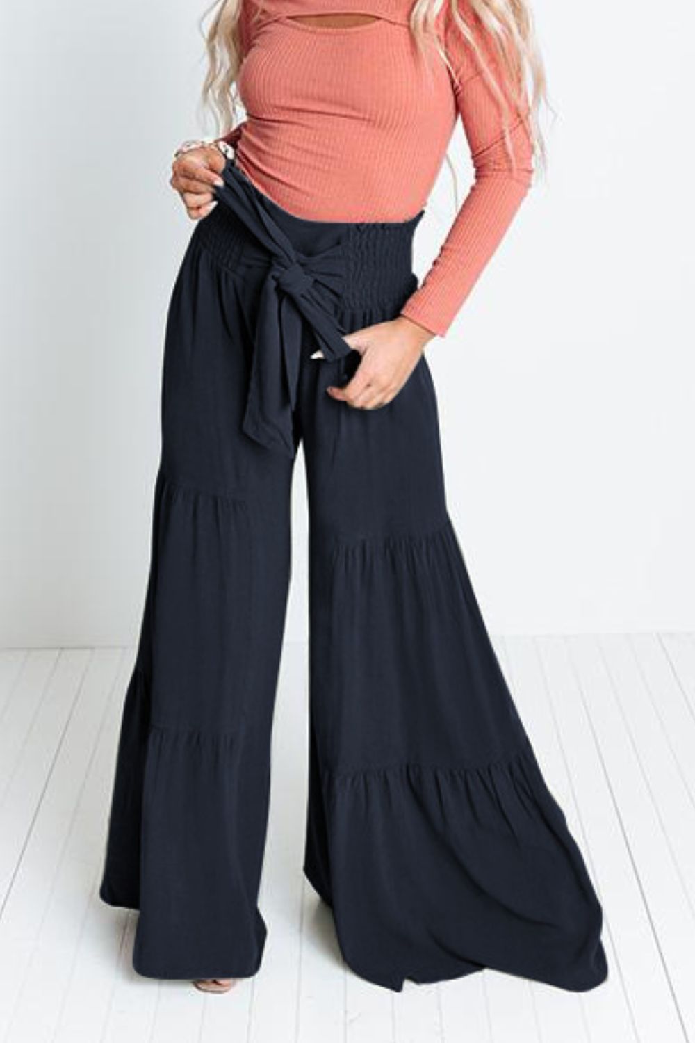 Tie Front Smocked Tiered Culottes-Teresa&#39;s Fashionista LLC