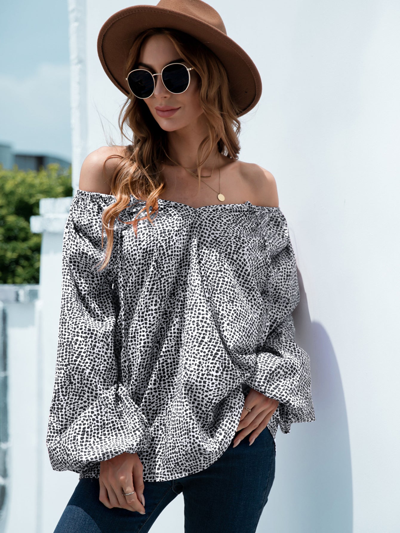 Printed Tie-Neck Balloon Sleeve Blouse-Teresa&#39;s Fashionista LLC