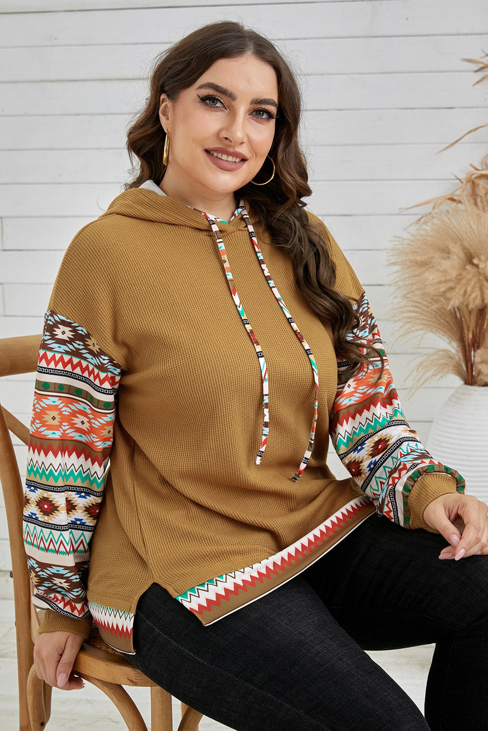 Plus Size Printed Side Slit Waffle-Knit Hoodie-Teresa&#39;s Fashionista LLC