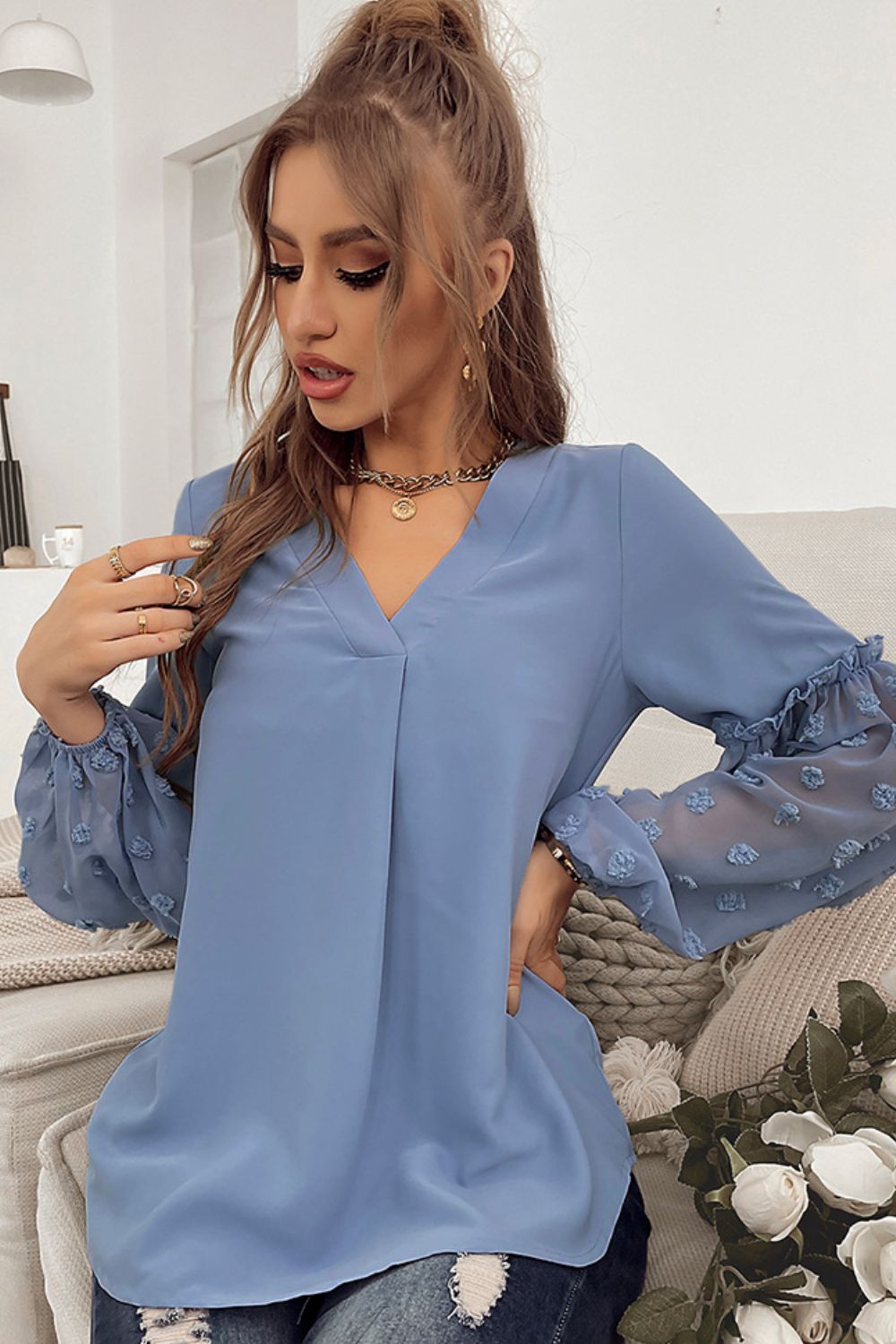 Swiss Dot Balloon Sleeve V-Neck Blouse-Teresa&#39;s Fashionista LLC