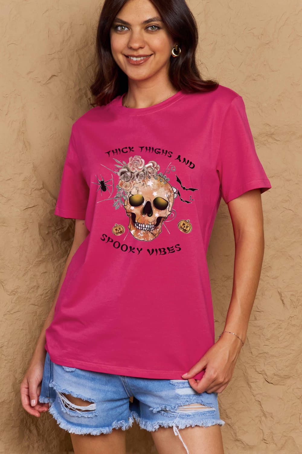 Simply Love Full Size THICK THIGHS AND SPOOKY VIBES Graphic Cotton T-Shirt-Teresa&#39;s Fashionista LLC