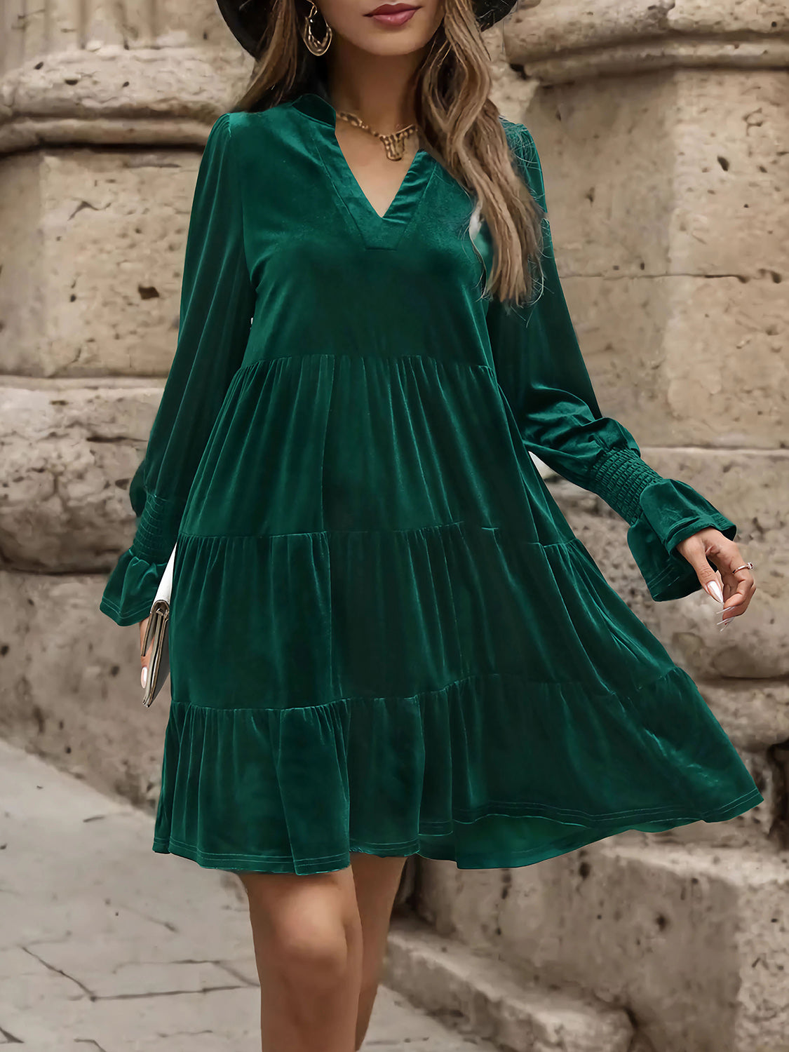 Notched Long Sleeve Tiered Dress-Teresa&#39;s Fashionista LLC