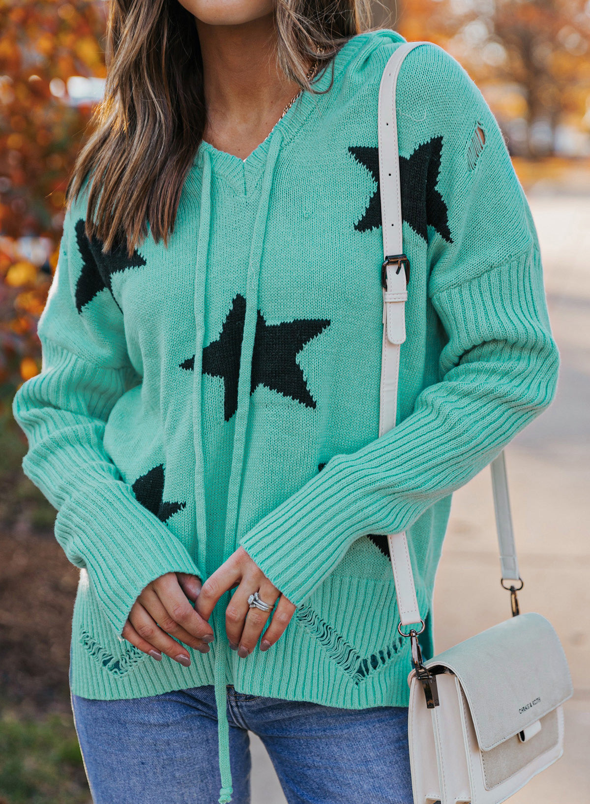 Star Distressed Slit Hooded Sweater-Teresa&#39;s Fashionista LLC