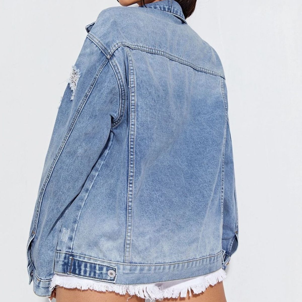 Collared Neck Button-Up Distressed Denim Jacket-Teresa&#39;s Fashionista LLC