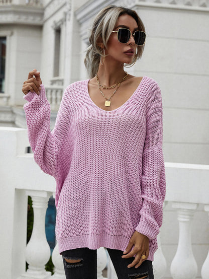 Rib-Knit Drop Shoulder V-Neck Pullover Sweater-Teresa&#39;s Fashionista LLC