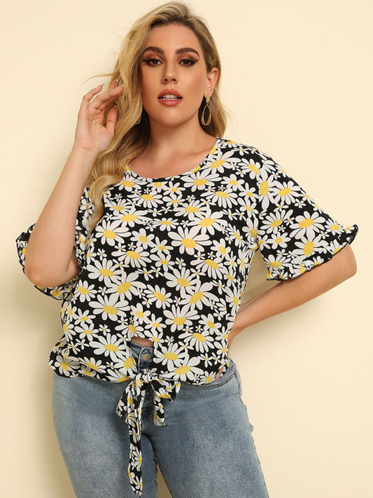 Plus Size Floral Round Neck Tie Hem Blouse-Teresa&#39;s Fashionista LLC