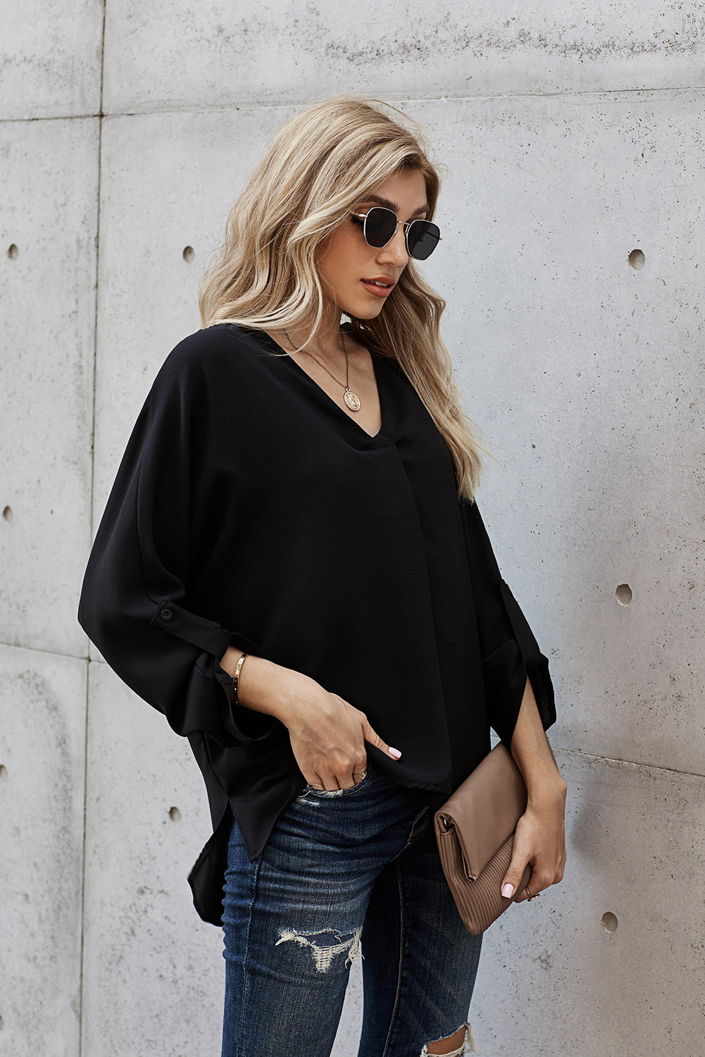 V-Neck Roll-Tab Sleeve Blouse-Teresa&#39;s Fashionista LLC