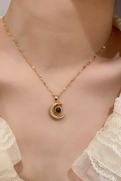 Inlaid Cubic Zirconia Moon Pendant Necklace-Teresa&#39;s Fashionista LLC