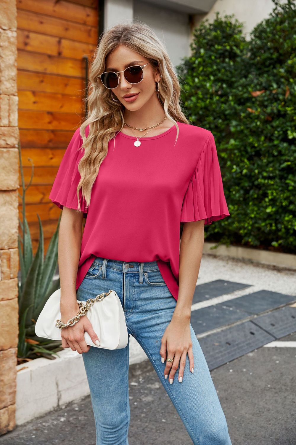 Pleated Flutter Sleeve Round Neck Blouse-Teresa&#39;s Fashionista LLC