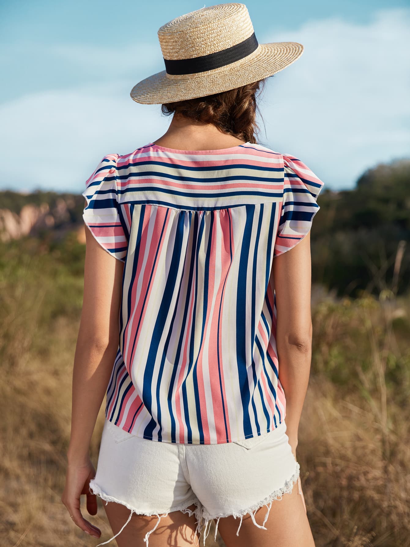 Striped Flutter Sleeve Tied Blouse-Teresa&#39;s Fashionista LLC