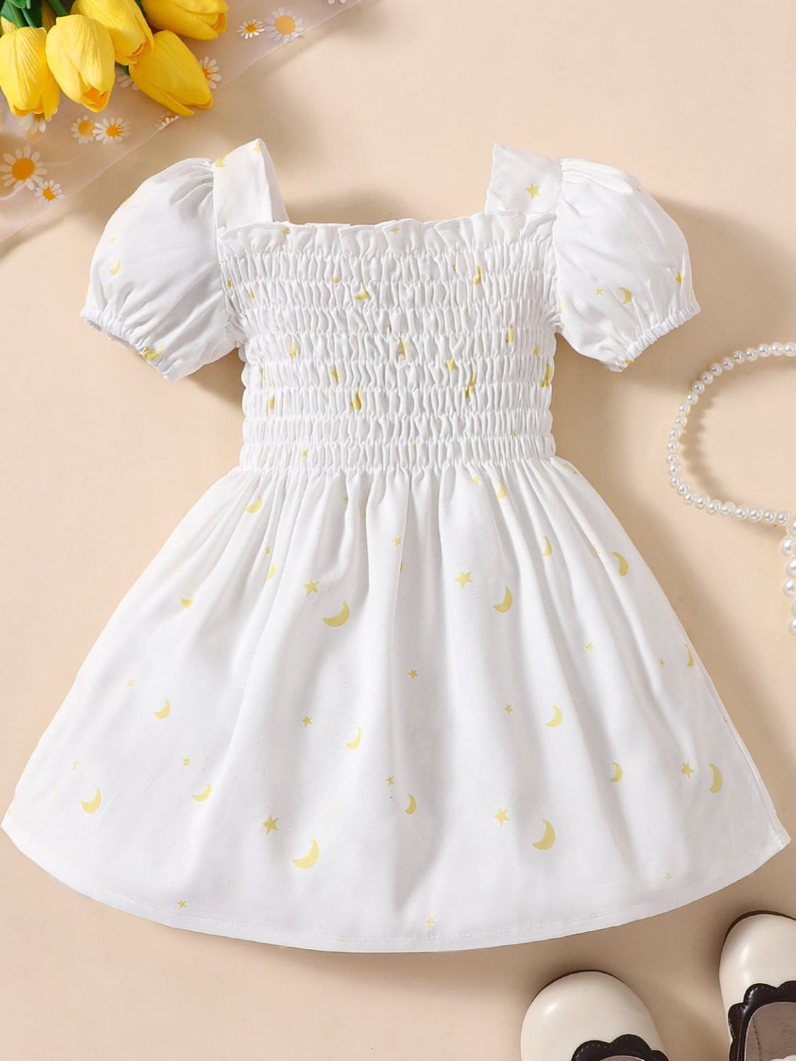 Baby Girl Printed Square Neck Smocked Dress-Teresa&#39;s Fashionista LLC