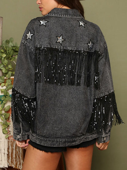 Fringe Detail Long Sleeve Denim Jacket-Teresa&#39;s Fashionista LLC