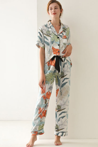 Botanical Print Button-Up Top and Pants Pajama Set-Teresa&#39;s Fashionista LLC