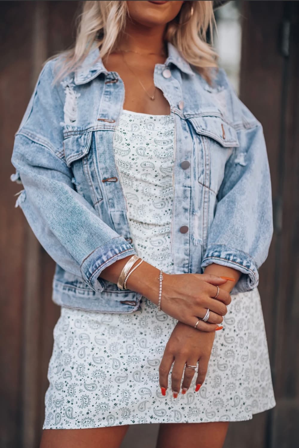 Distressed Drop Shoulder Denim Jacket-Teresa&#39;s Fashionista LLC