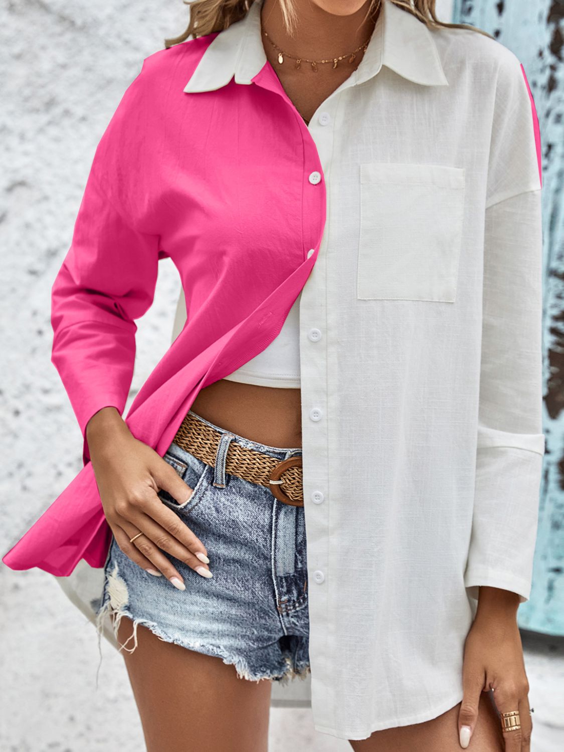 Two-Tone Contrast Drop Shoulder Shirt-Teresa&#39;s Fashionista LLC