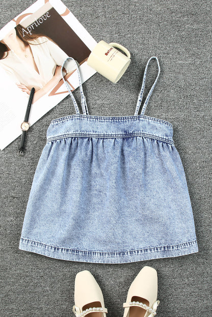 Smocked Adjustable Strap Denim Cami-Teresa&#39;s Fashionista LLC