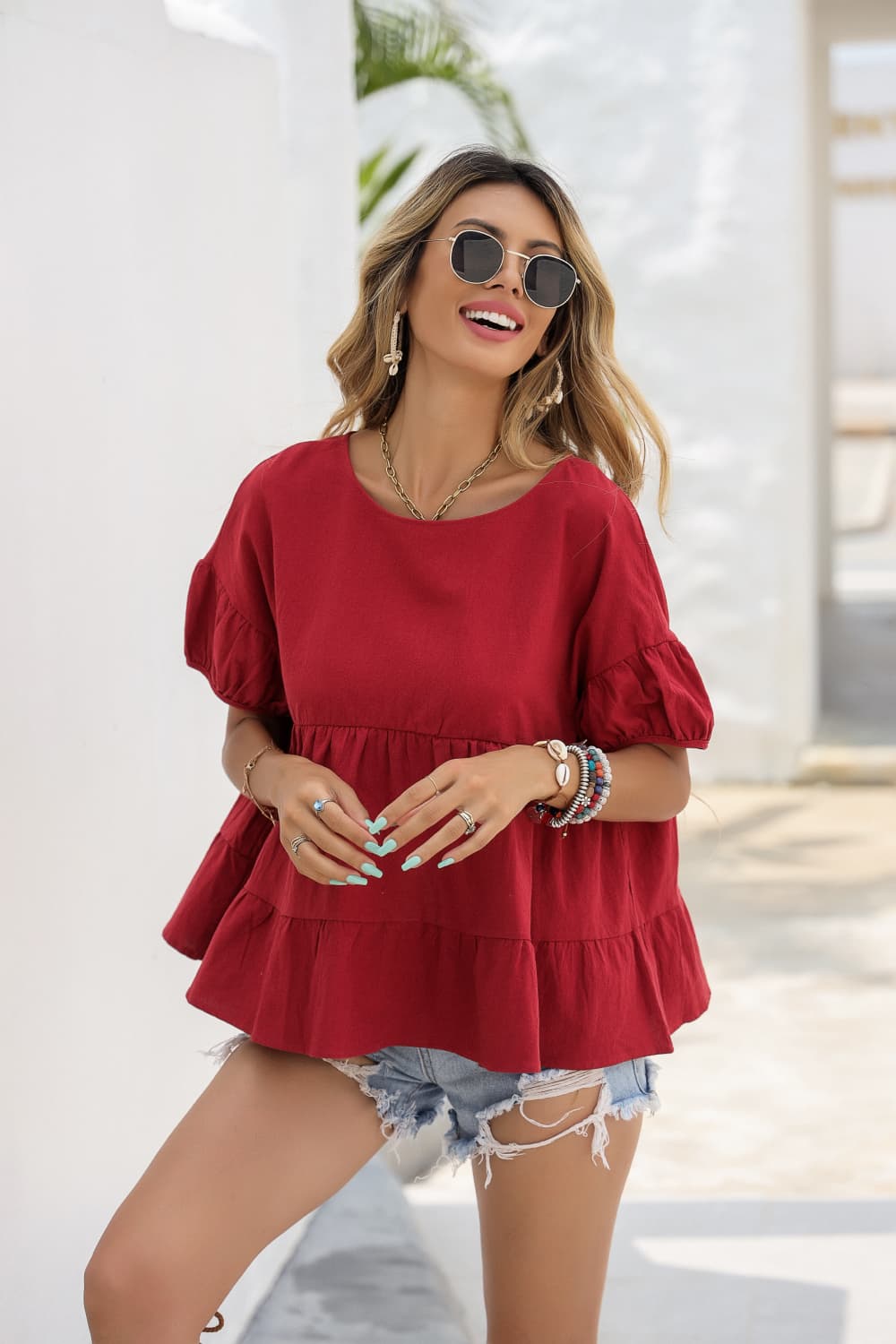 Round Neck Ruched Short Sleeve Blouse-Teresa&#39;s Fashionista LLC