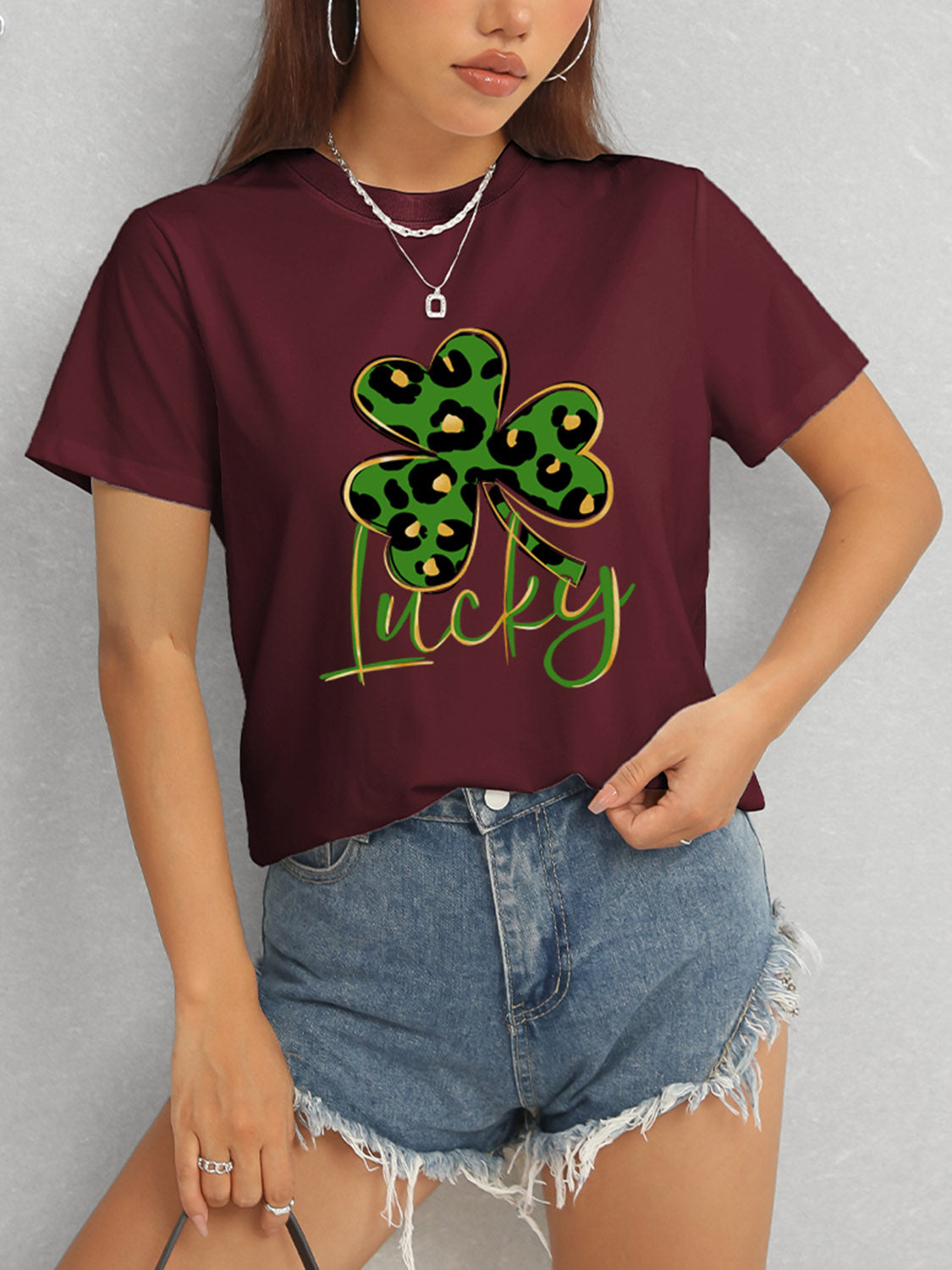 Lucky Clover Round Neck Short Sleeve T-Shirt-Teresa&#39;s Fashionista LLC