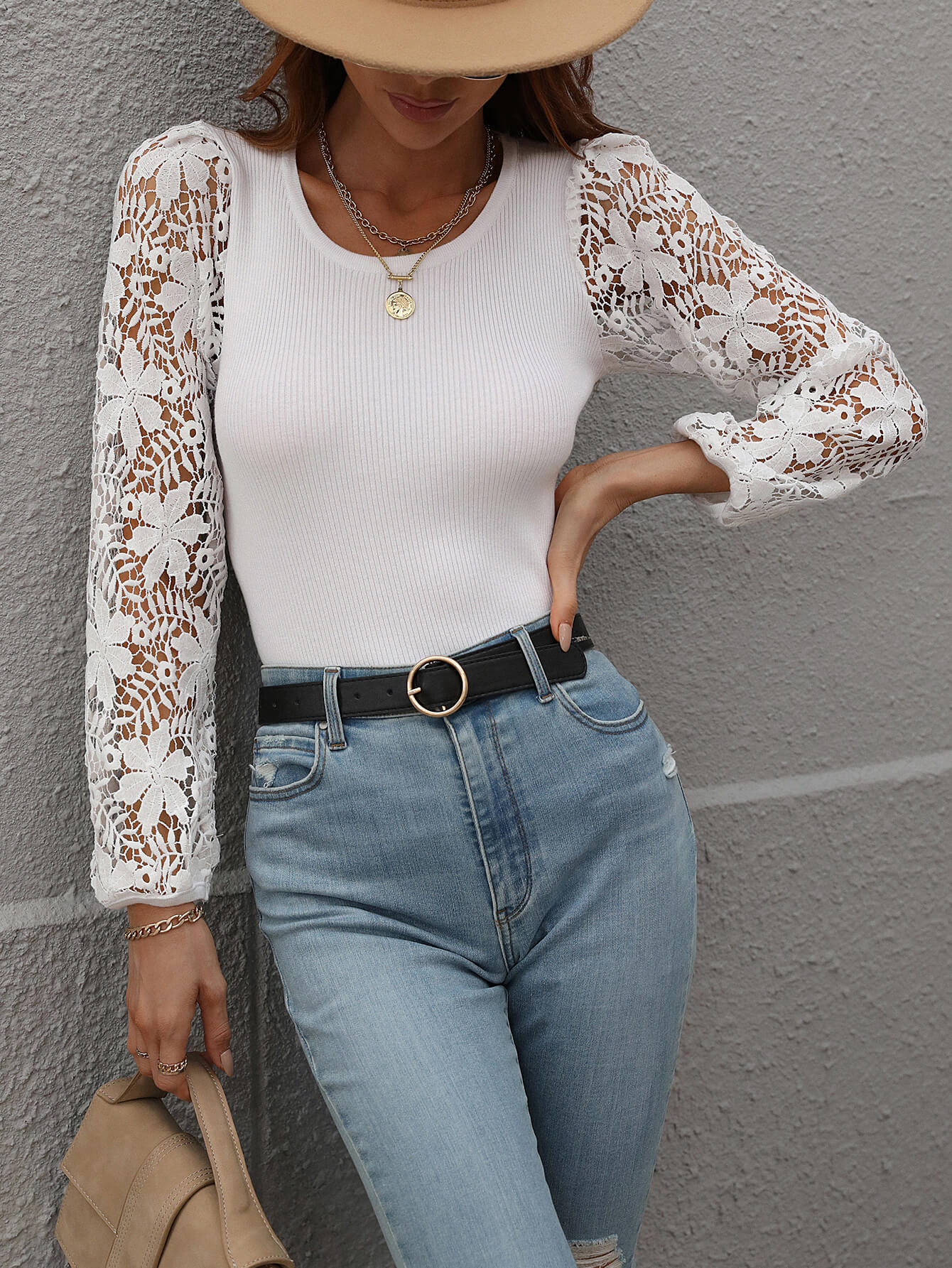 Lace Sleeve Round Neck Ribbed Top-Teresa&#39;s Fashionista LLC