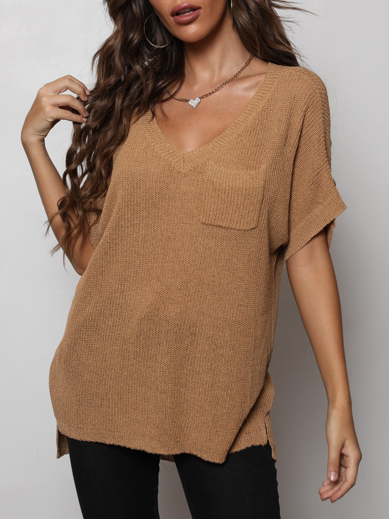 V-Neck Slit High-Low Knit Top-Teresa&#39;s Fashionista LLC