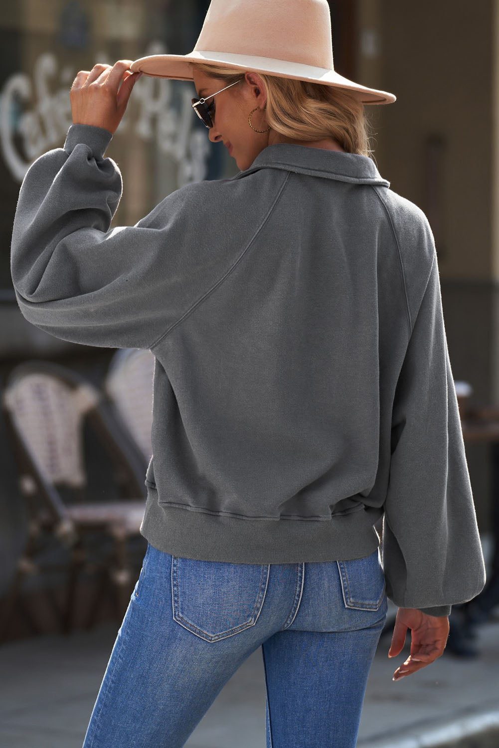 Quarter-Snap Collared Lantern Sleeve Sweatshirt-Teresa&#39;s Fashionista LLC