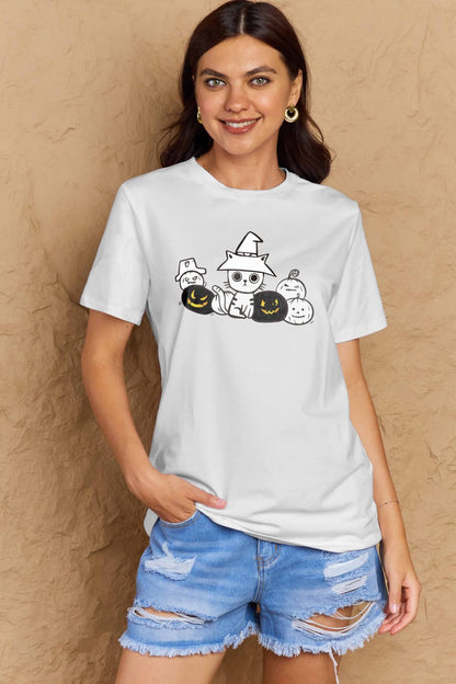 Simply Love Full Size Cat & Pumpkin Graphic Cotton T-Shirt-Teresa&#39;s Fashionista LLC