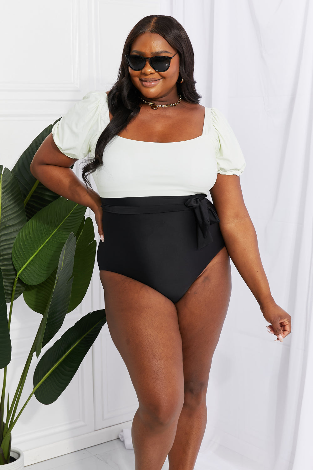 Marina West Swim Salty Air Puff Sleeve One-Piece in Cream/Black-Teresa&#39;s Fashionista LLC