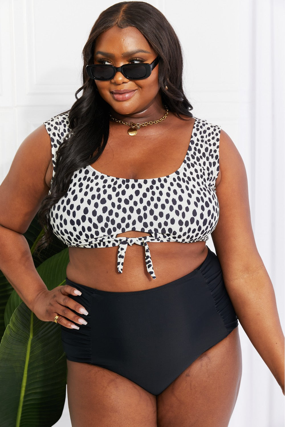 Marina West Swim Sanibel Crop Swim Top and Ruched Bottoms Set in Black-Teresa&#39;s Fashionista LLC